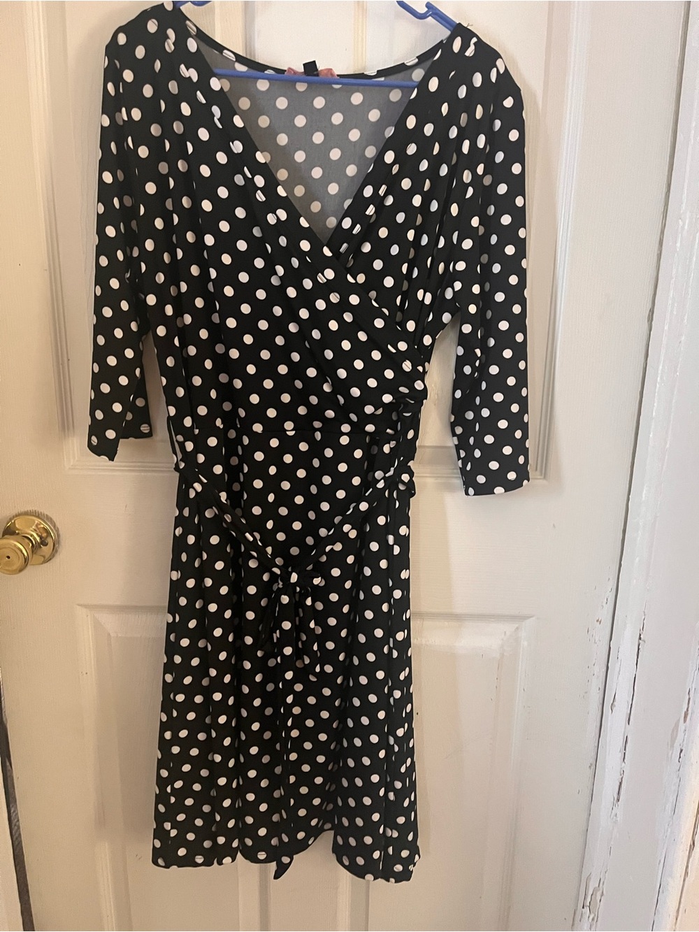 Black and White Polka Dot Wrap-Style Long Sleeve Dress